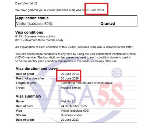Visa Úc đã được duyệt - khách hàng Visa5S